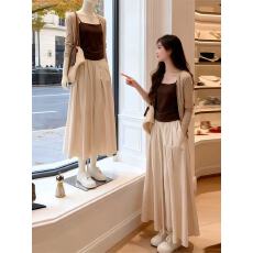 批发新款韩版时尚独特漂亮开衫+吊带背心+松紧腰半身裙三件套