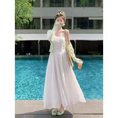 批发新款法式温柔风甜美蝴蝶结针织开衫+刺绣提花吊带裙两件套