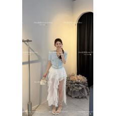 批发新款高级感名媛显瘦小香风V领单排扣短袖针织衫