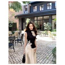 批发新款设计感修身中式<b class='q'>蕾丝</b>刺绣镂空无袖背心+松紧腰半身裙套装