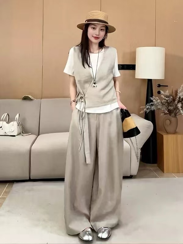 새로운 슈퍼 화재 여름 착용 가져 가라. 느긋한 캐주얼 티셔츠 스트랩 베스트 하이웨이스트 와이드 레그 팬츠 3개 세트