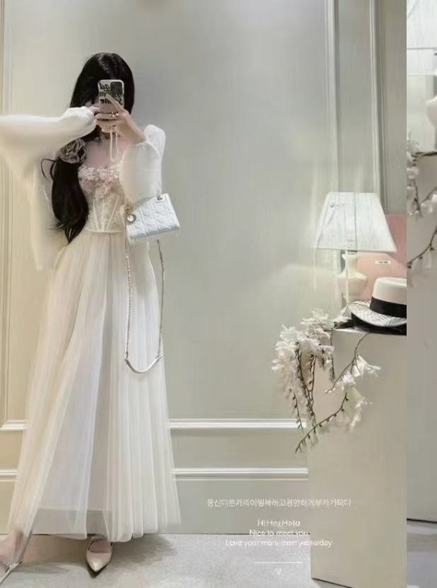 새로운 프랑스식 얇은 통기성 에어컨 블라우스 3 차원 꽃 레이스 조각 슬립 반신 스커트 3 세트