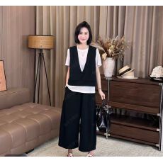 新款韩版时尚百搭休闲短袖T恤领马甲八分阔腿裤三件套