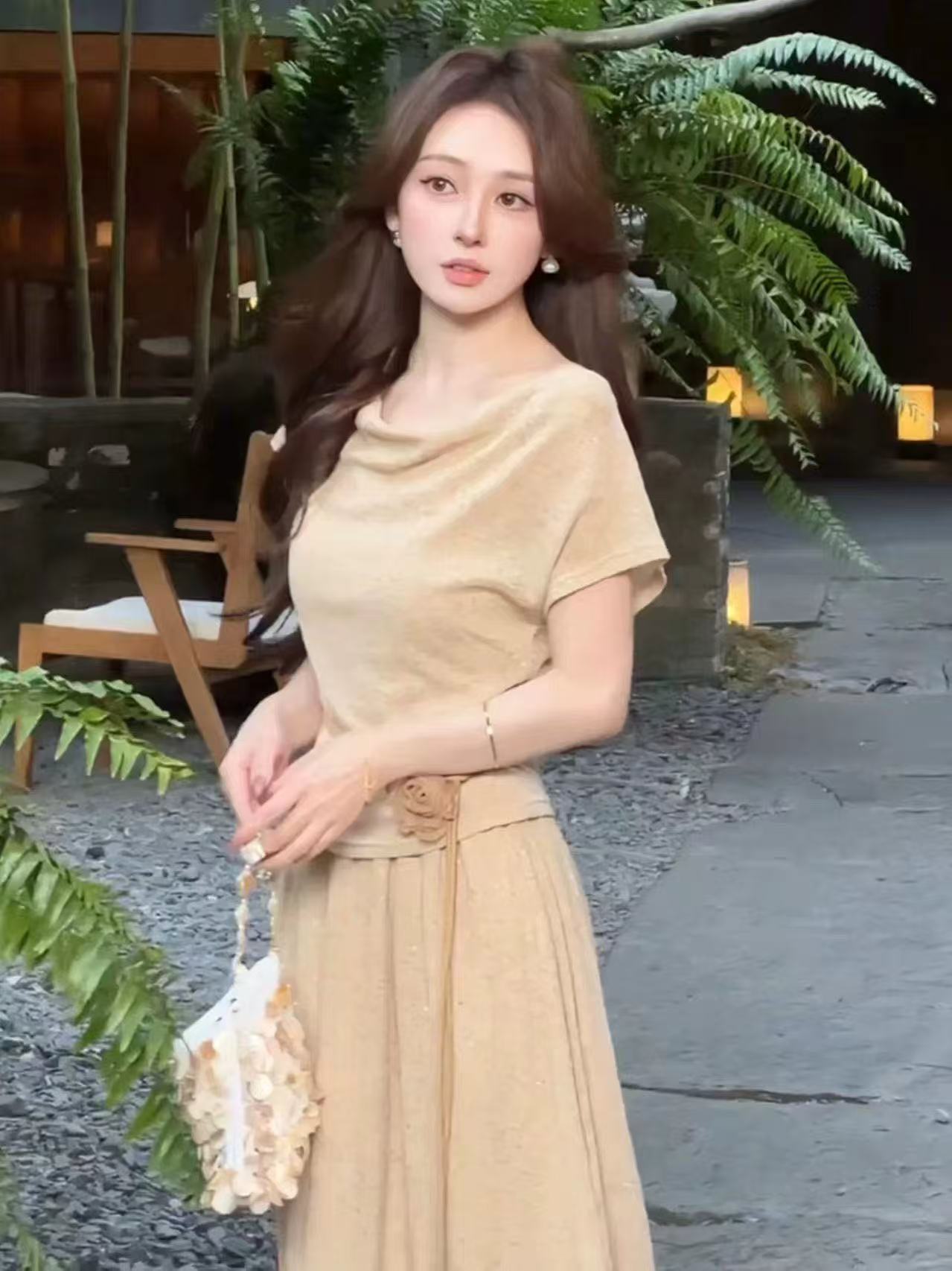 새로운 프랑스식 느긋한 느슨함 센스 착용 가져 가라. 흔들다 칼라 맨위 허리밴드 반신 스커트 벨트 3 세트