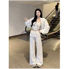 批发新款韩系设计感波点抹胸上衣+开衫+高腰显瘦阔腿<b class='q'>裤</b><b class='q'>三件套</b>