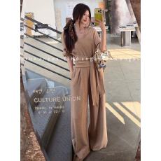 批发新款时尚简约<b class='q'>气质</b>时尚绑带收腰显瘦上衣+松紧腰阔腿<b class='q'>裤</b><b class='q'>套装</b>