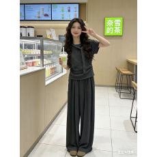 批发新款时尚简约<b class='q'>气质</b>时尚显瘦斜肩飘带上衣+松紧腰阔腿<b class='q'>裤</b><b class='q'>套装</b>