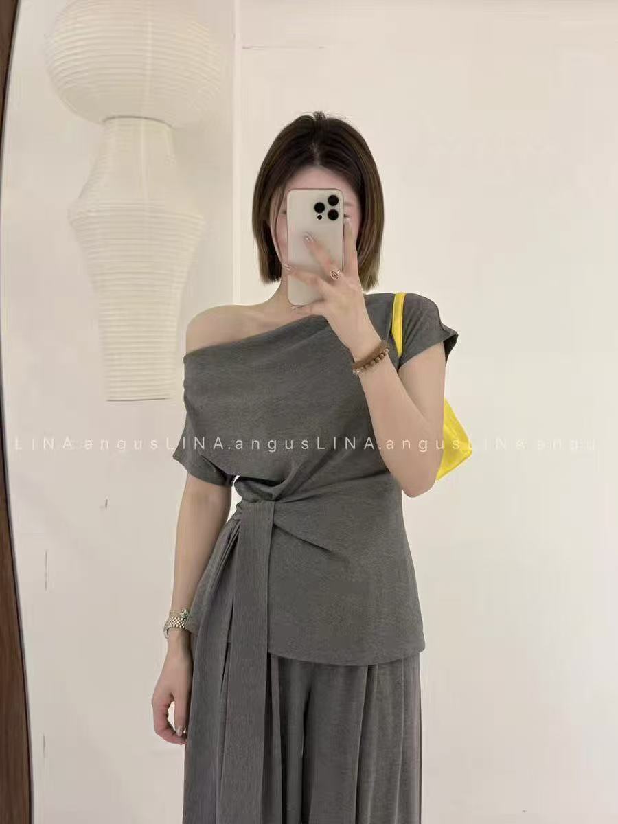 새로운 한국 스타일 패션 캐주얼 스트랩 비스듬한 어깨 반팔 맨위 허리밴드 슬림해 보이는 캐주얼 바지 투피스 세트