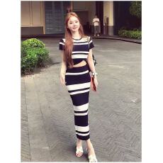 批发新款御姐风<b class='q'>高级</b>感条纹撞色镂空针织衫+高腰包臀修身长裙套装