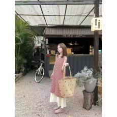 批发新款超火假两件u领格子撞色<b class='q'>无袖</b><b class='q'>连衣裙</b>