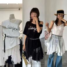 批发韩版时尚涂鸦字母印花斜肩T恤+<b class='q'>网纱</b>背心连衣<b class='q'>裙</b>+腰带3件套