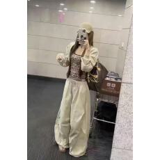 批发新款复古<b class='q'>宽松</b>薄款短开衫+豹纹吊带+高腰显瘦阔腿裤三件套