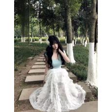 批发新款设计感减龄U领<b class='q'>上衣</b>+松紧腰法式网纱拼接蛋糕半身裙套装