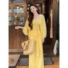 批发新款慵懒风气质辣妹吊带绑带<b class='q'>上衣</b>+开衫+松紧腰阔腿裤3件套