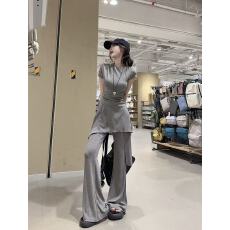 批发新款韩版时尚慵懒风收腰斜肩<b class='q'>上衣</b>+不规则屁帘拖地长裤套装