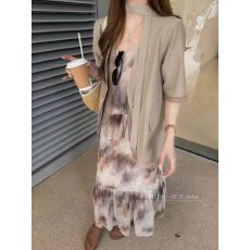 批发新款韩版时尚设计感V领飘带短袖西装+晕染吊带连衣裙两件套