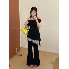 批发新款复古辣妹不规则褶皱收腰斜领<b class='q'>上衣</b>+蕾丝屁帘微喇<b class='q'>裤</b>套<b class='q'>装</b>