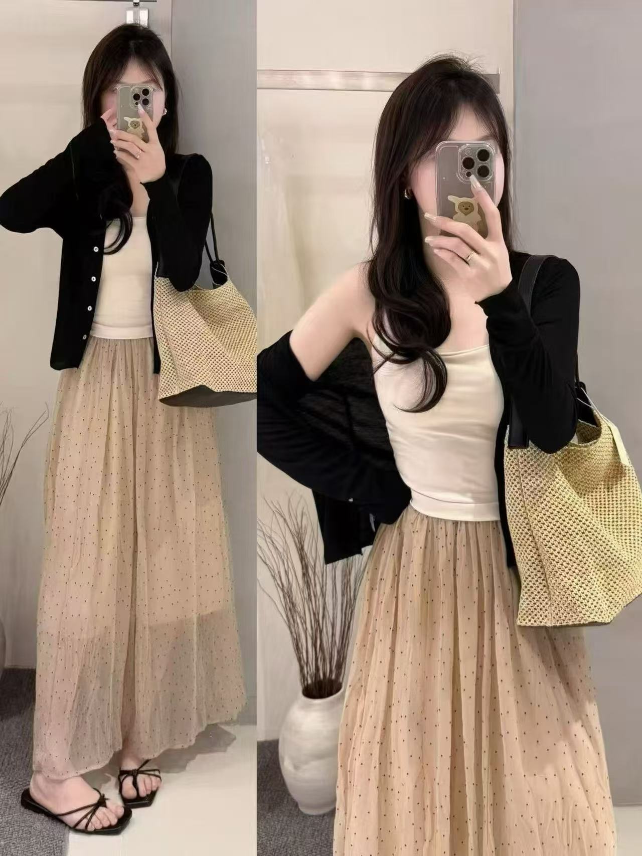 새로운 한국 스타일 패션 젠 몸매 가꾸기 자외선 차단 오픈 가디건 슬립 허리밴드 도트 무늬 반신 스커트 3종 세트
