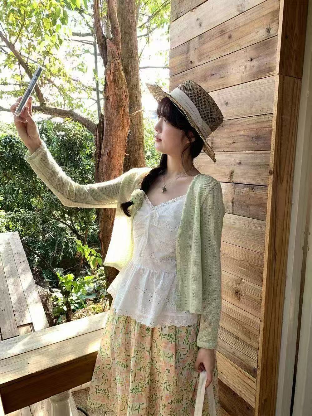 새로운 달콤함 부드러운 찹쌀 니트 오픈 가디건 레이스 홀로우 아웃 나비 매듭 슬립 꽃무늬 반신 치마 세트