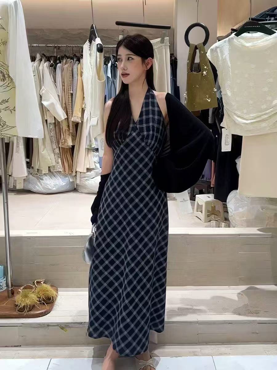 새로운 한 부서 패션 부드러운 바람 오픈 가디건 체크무늬 휴가 바람 V넥 행침 목 슬립 점프 슈트 치마 세트