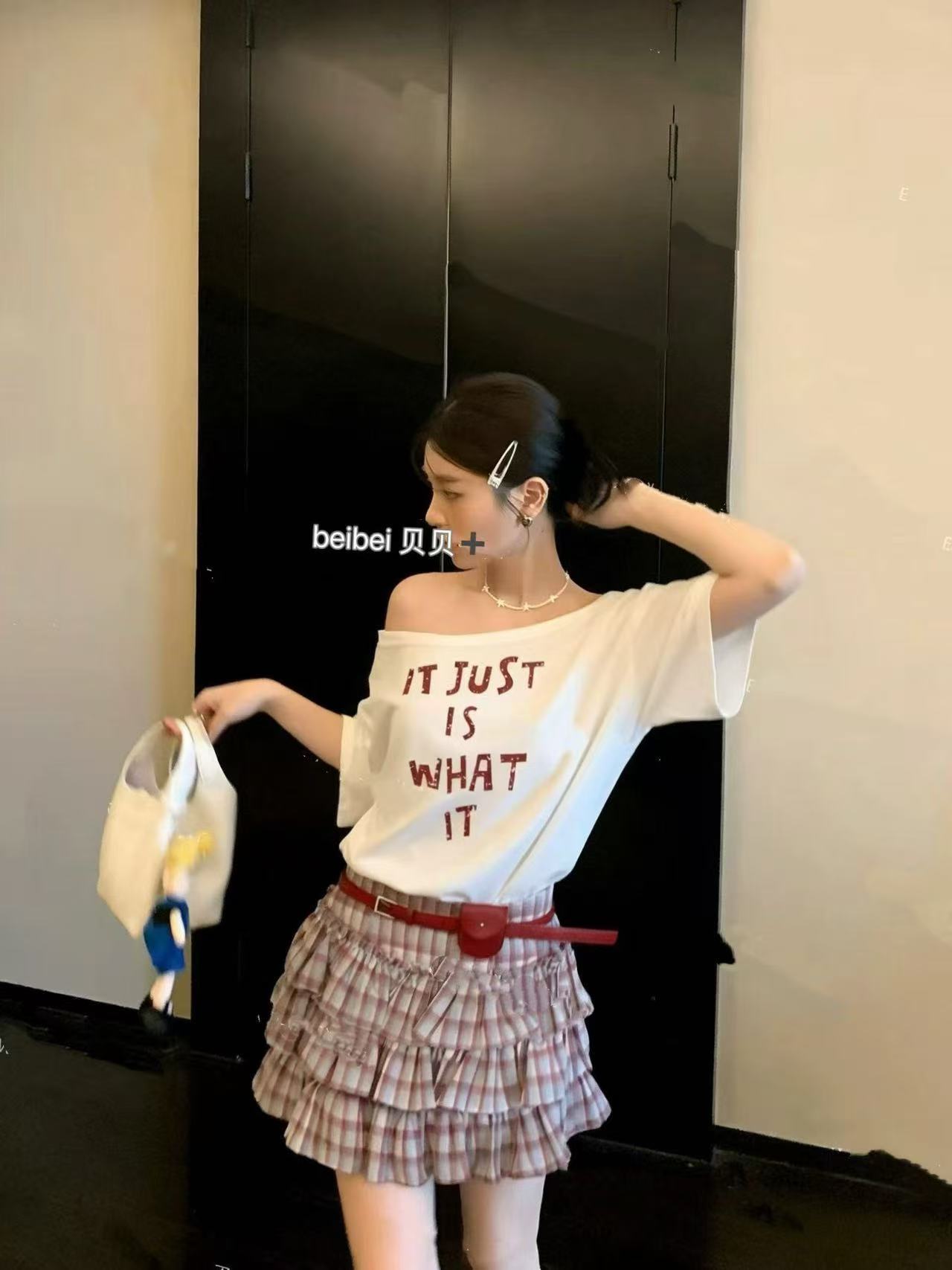 새로운 디자인 센스 오프숄더 알파벳 프린트 오프숄더 맨위 허리밴드 케이크 미니 스커트 벨트 3 세트