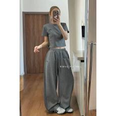 批发新款韩版运动百搭设计感刺绣短袖T恤+松紧腰休闲裤套装