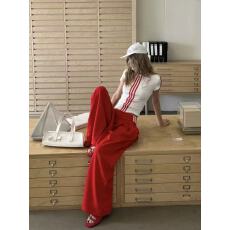 批发新款设计感小众条纹运动短袖T恤+松紧腰显瘦阔腿裤两件套