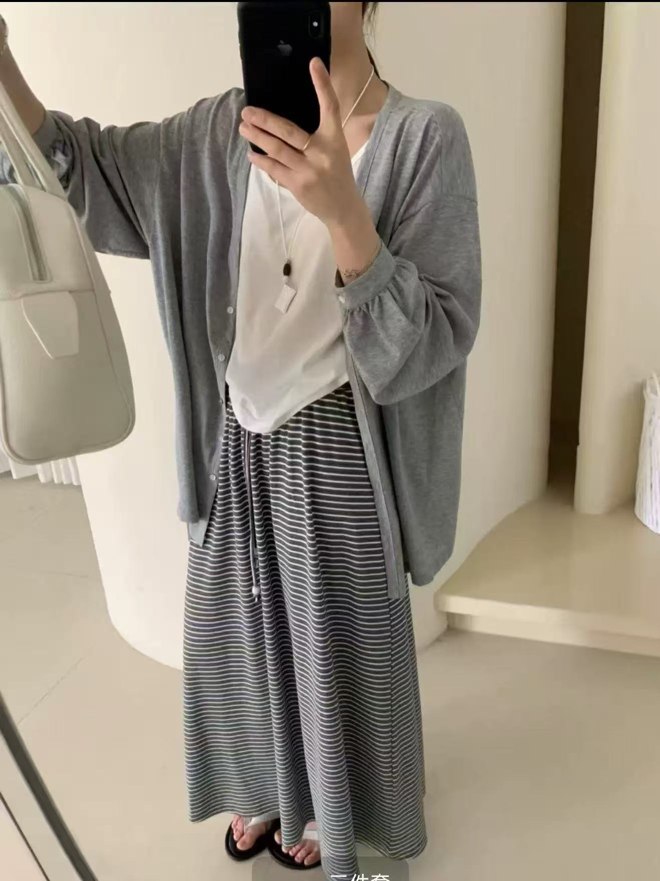 새로운 한국 스타일 루즈핏 캐주얼 자외선 차단 오픈 가디건 조끼 허리밴드 스트라이프 반신 스커트 3종 세트