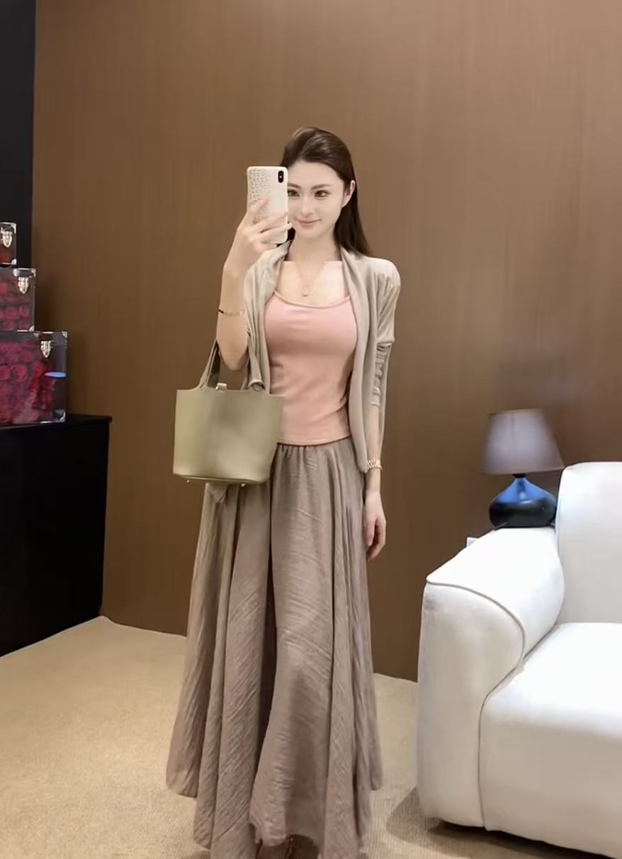 새로운 감기 센스 젠 부드러운 바람 자외선 차단 얇은 스타일 불규칙 오픈 가디건 조끼 반신 스커트 3 세트