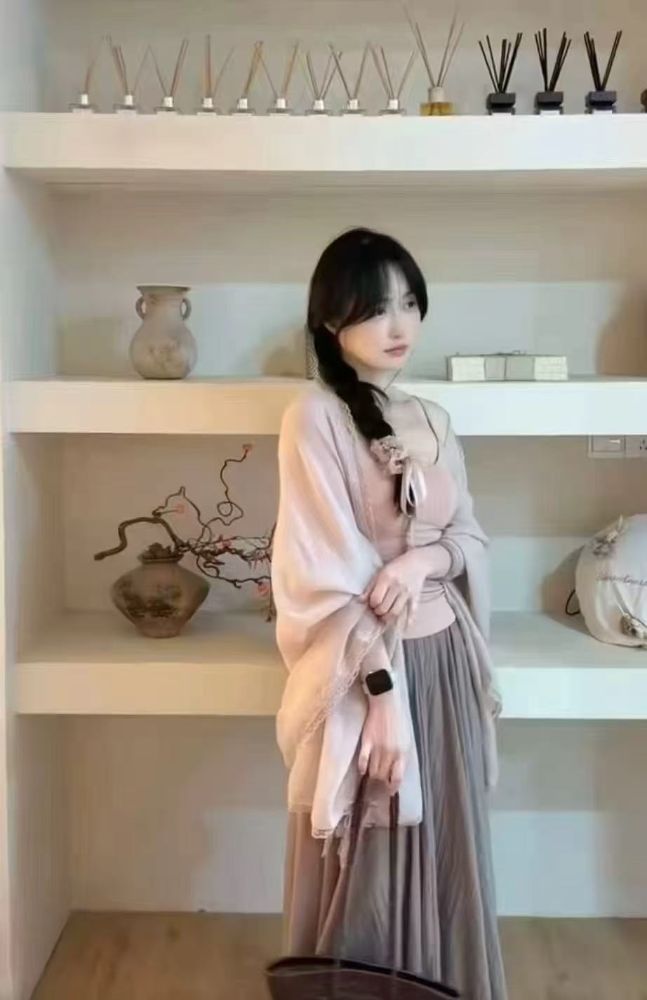 새로운 젠 부드러운 바람 레이스 나비 매듭 숄 조끼 허리밴드 면 린넨 반신 스커트 3 세트