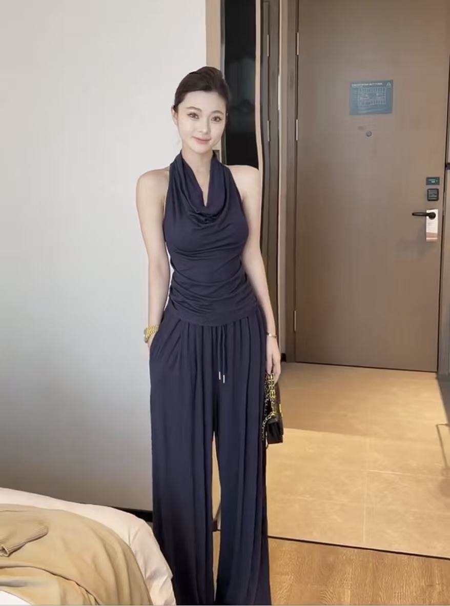 새로운 순수한 욕망 행침 목 흔들다 칼라 민소매 캐미솔 허리밴드 도루 가을 센스 와이드 레그 팬츠 투피스 세트