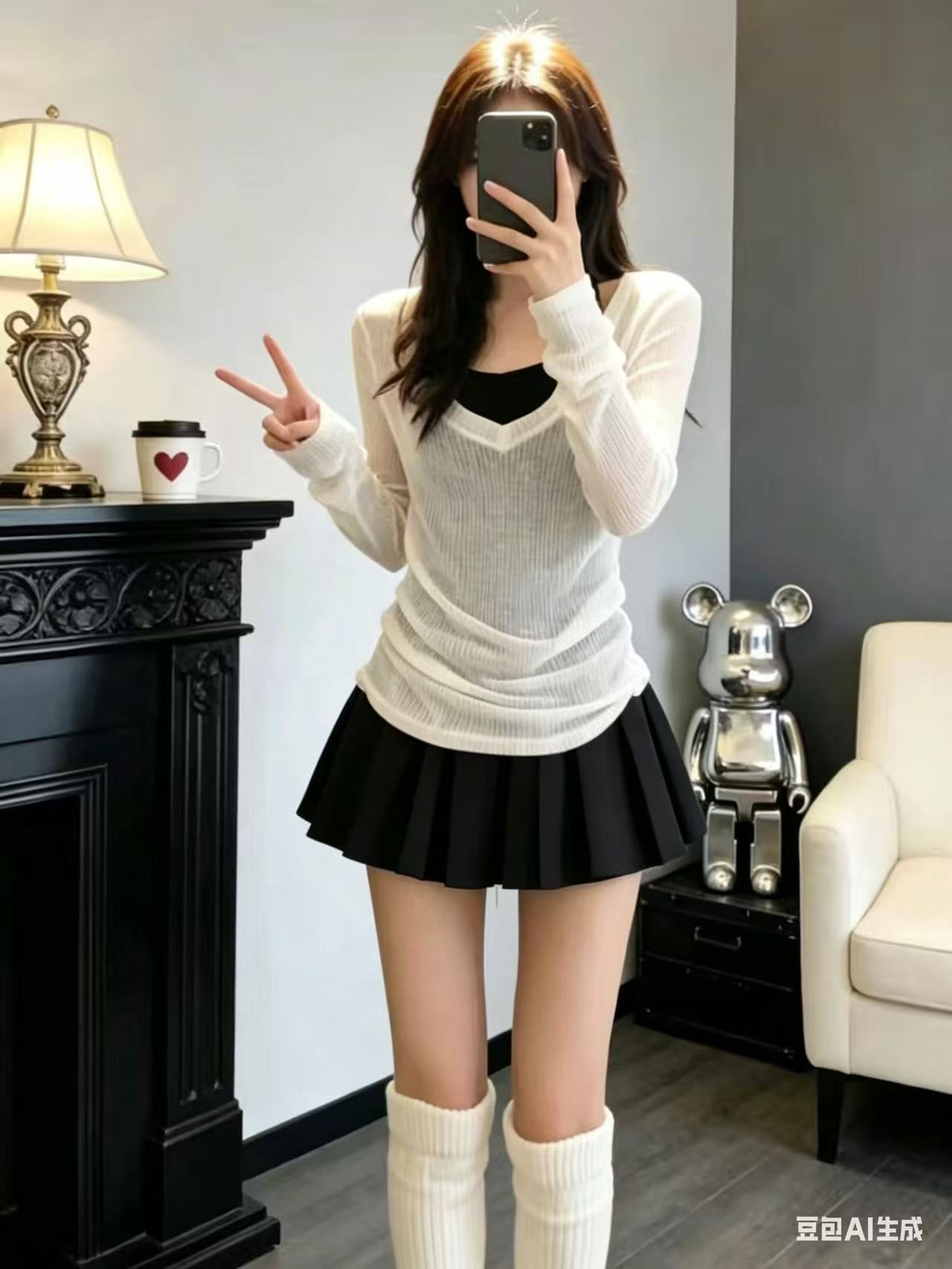 새로운 한 부서 얇은 스타일 V넥 자외선 차단 블라우스 달콤한 매운맛 바람 슬립 행침 목 플리츠 스커트 3 세트