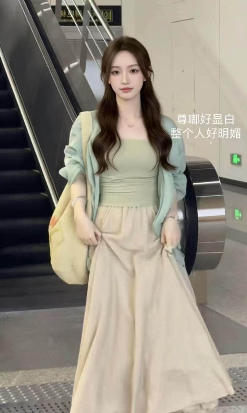 새로운 마 재료 오픈 가디건 플리츠 나만의 것을 가져와 라. 컵 패드 캐미솔 마 재료 허리밴드 반 스커트 3종 세트