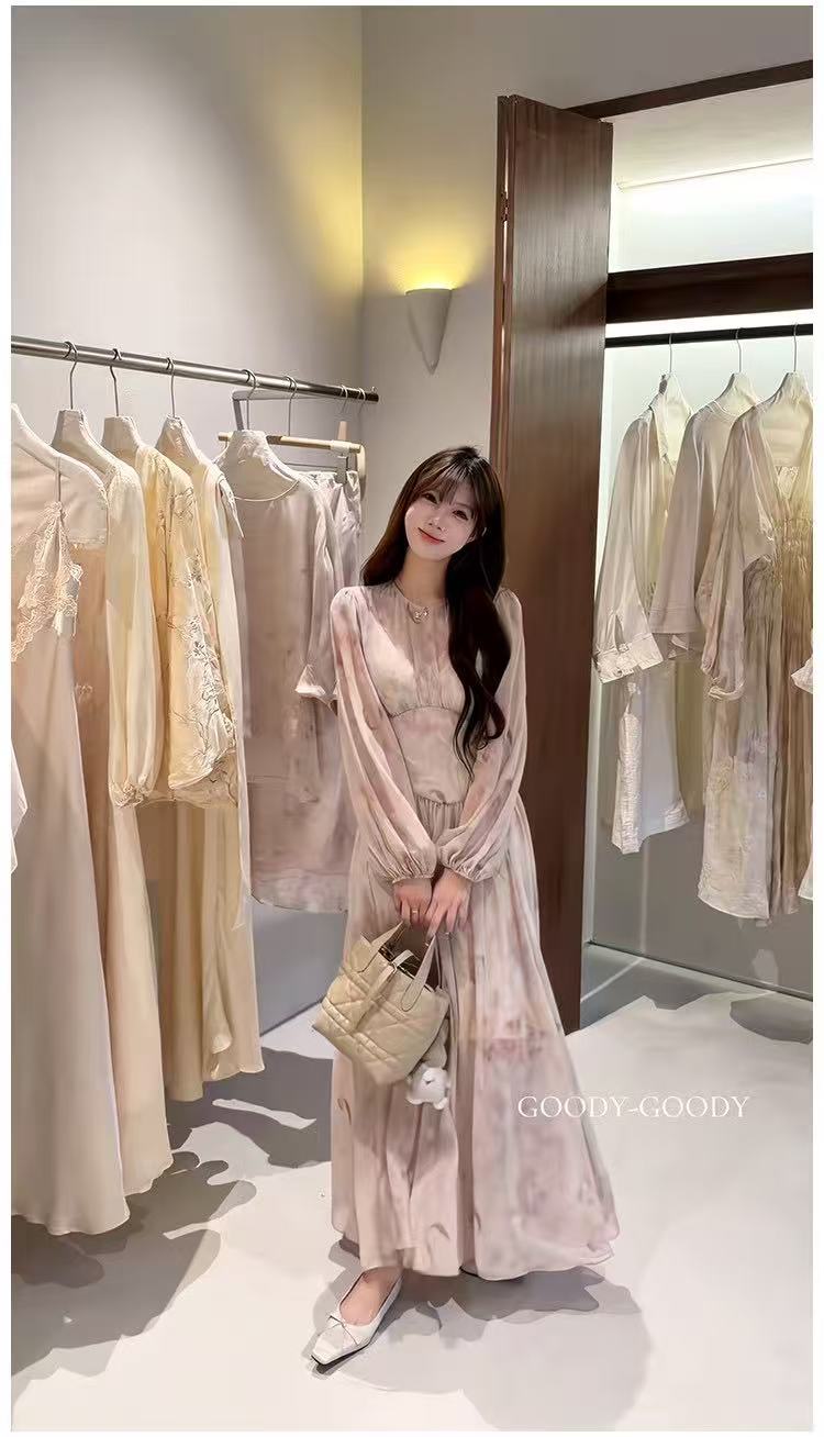 새로운 휴가 바람 요정 낭만주의 꽃무늬 헤일로 염색 허리 수축 쉬폰 드레스 슬립 드레스 투피스 세트