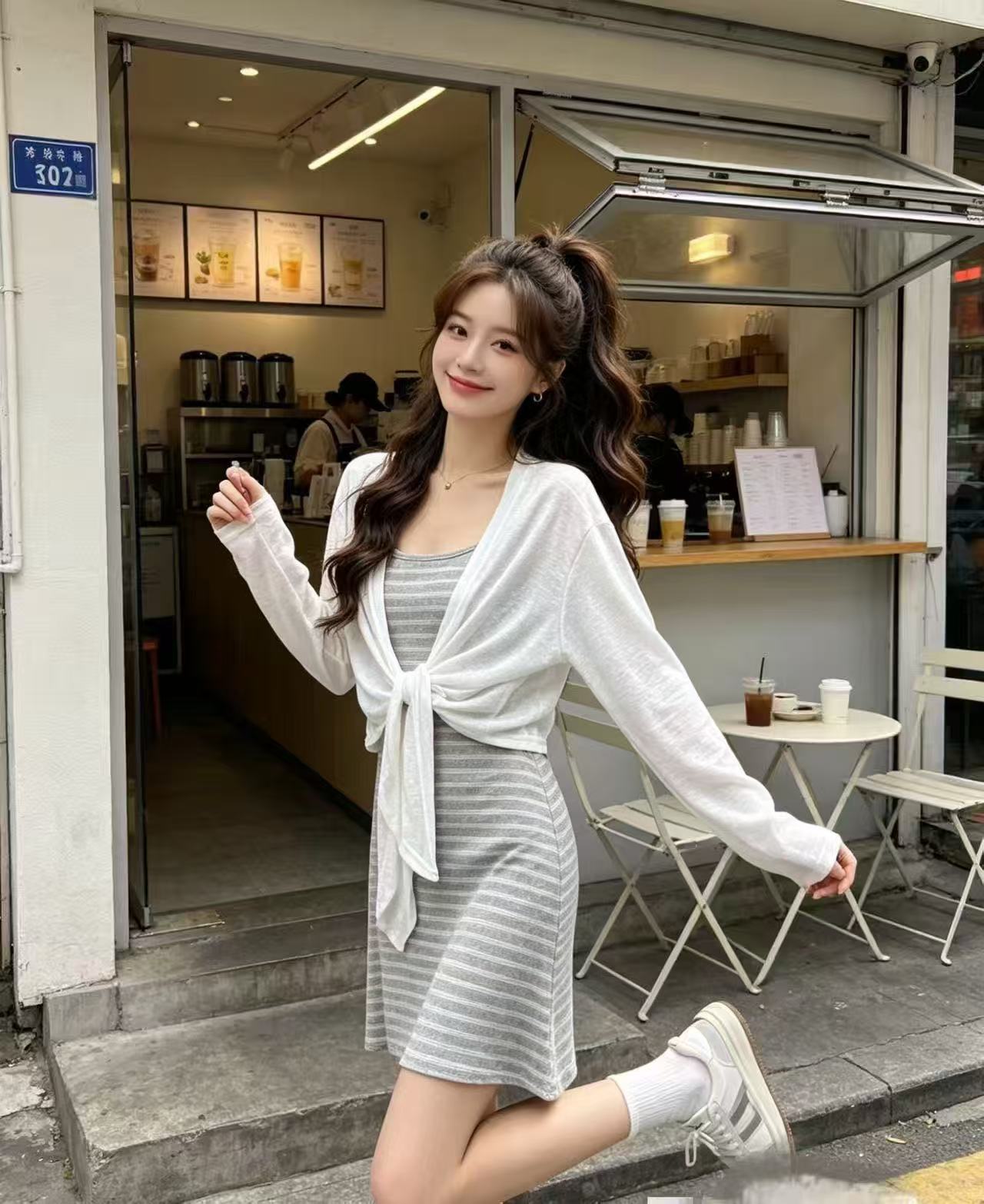 새로운 한 부서 패션 느슨함 센스 다용도 자외선 차단 의류 스트라이프 슬립 드레스 투피스 세트