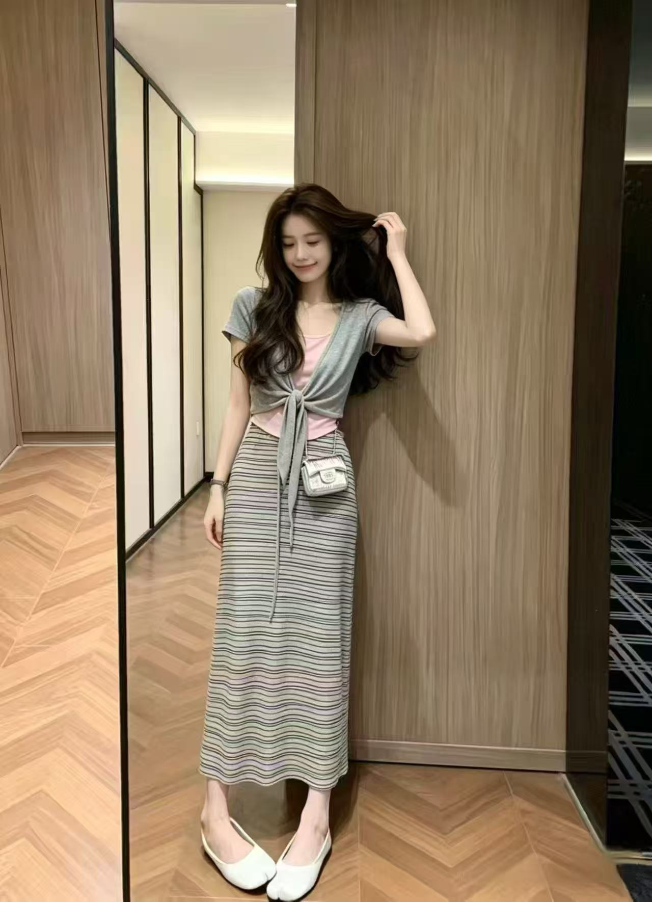 새로운 한 부서 품격 달콤한 매운맛 바람 레이스업 반팔 오픈 가디건 캐미솔 하이웨이스트 스트라이프 반 스커트 세트