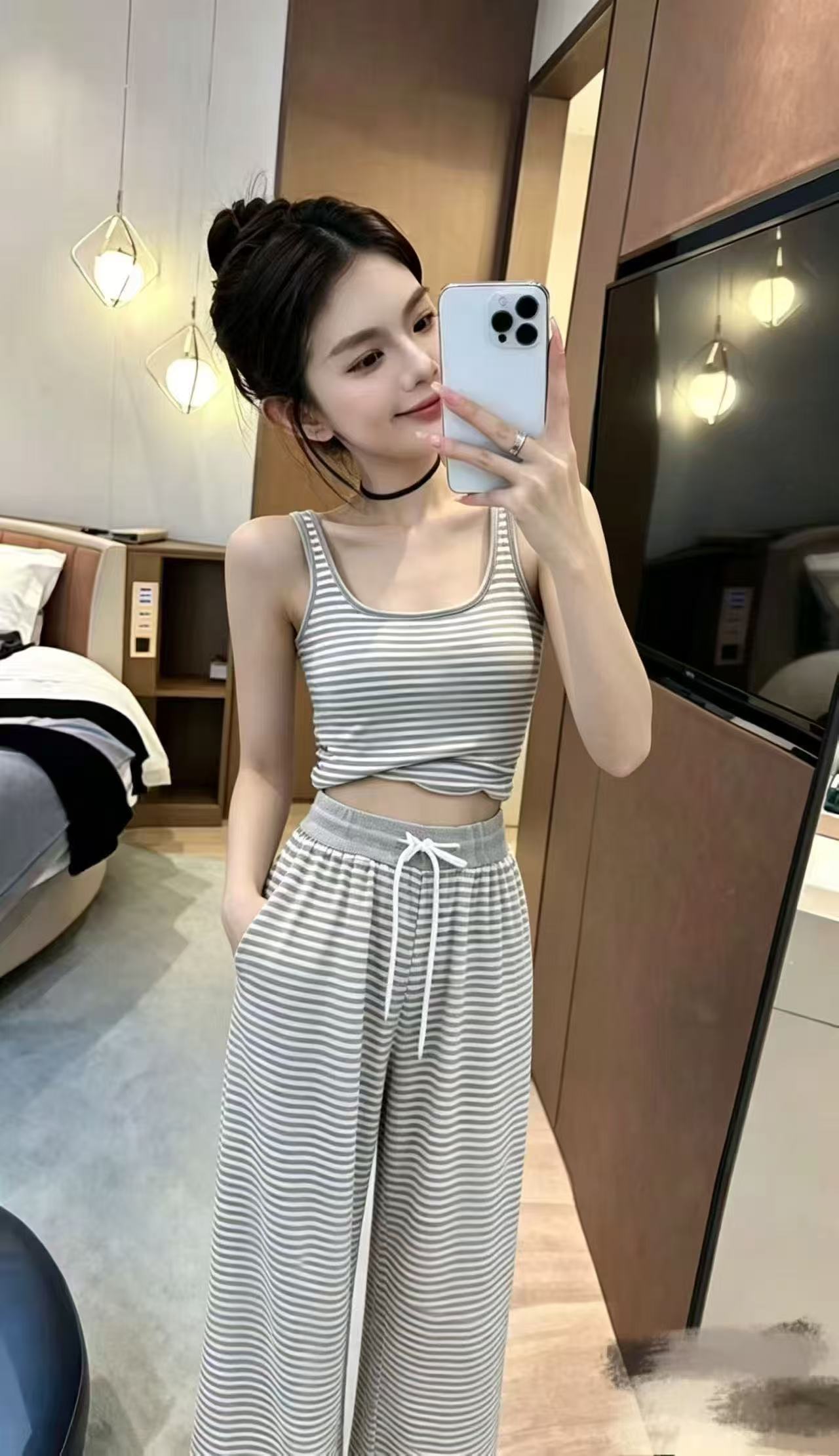 새로운 한국 스타일 루즈핏 다용도 자외선 차단 셔츠 스트라이프 슬립 허리밴드 와이드 레그 팬츠 3종 세트