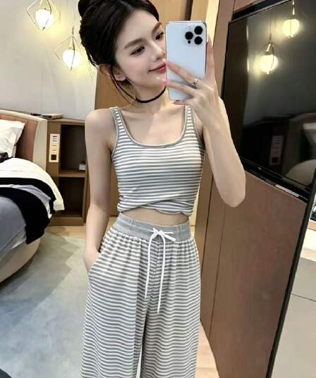 새로운 한국 스타일 루즈핏 다용도 자외선 차단 셔츠 스트라이프 슬립 허리밴드 와이드 레그 팬츠 3종 세트