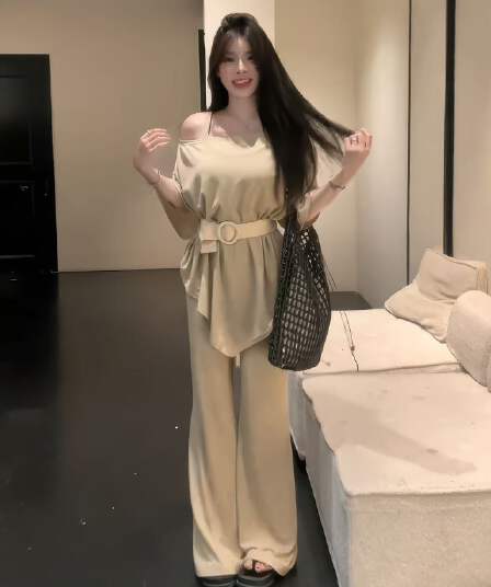새로운 불규칙 느긋한 망토 중간 소매 맨위 허리밴드 부츠컷 긴 바지 벨트 세트