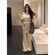批发新款不规则慵懒斗篷式中袖上衣+松紧腰微喇长<b class='q'>裤</b>+腰带套<b class='q'>装</b>