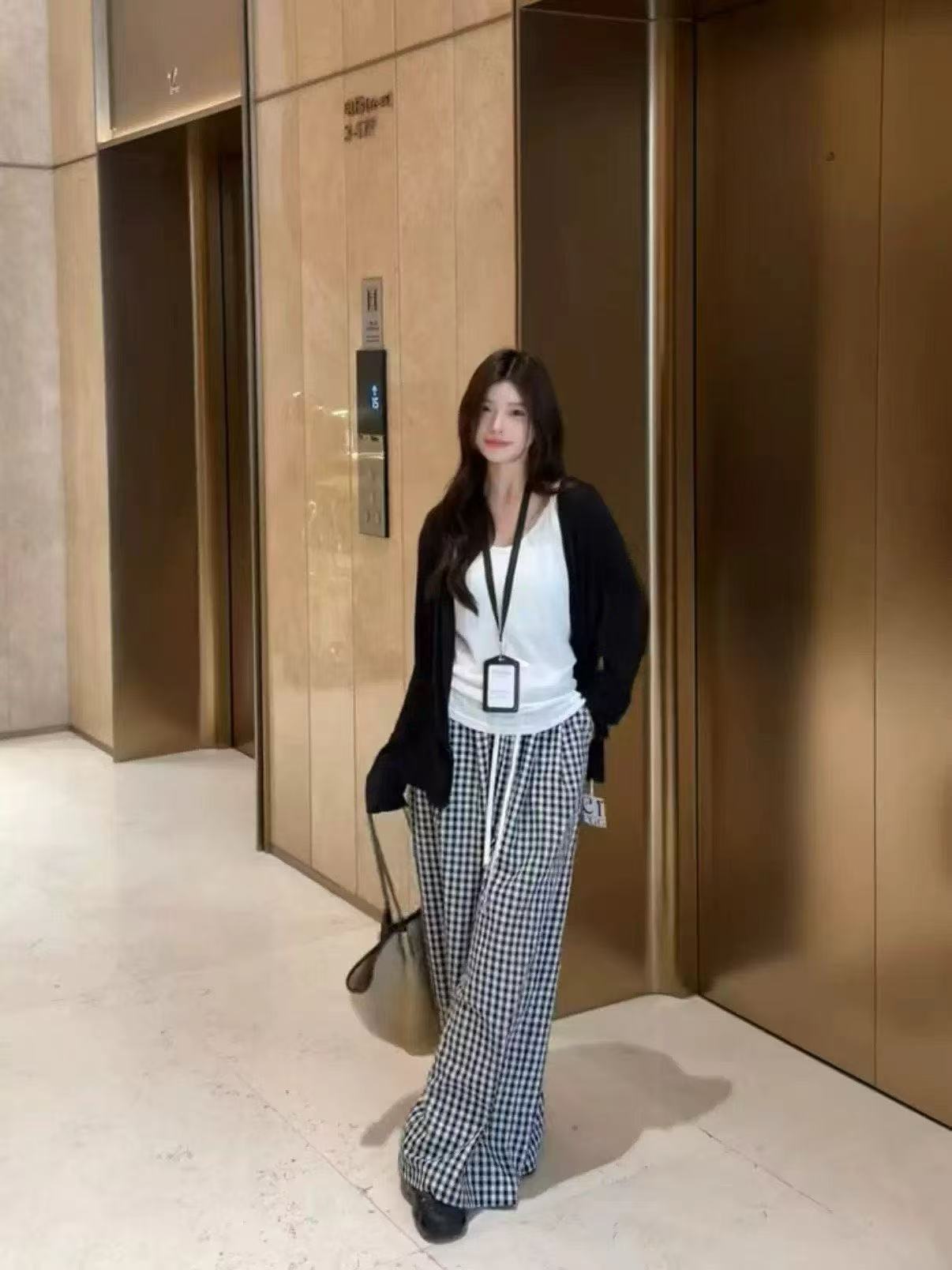 새로운 패션 느긋한 루즈핏 자외선 차단 오픈 가디건 조끼 허리밴드 체크무늬 와이드 레그 팬츠 3종 세트