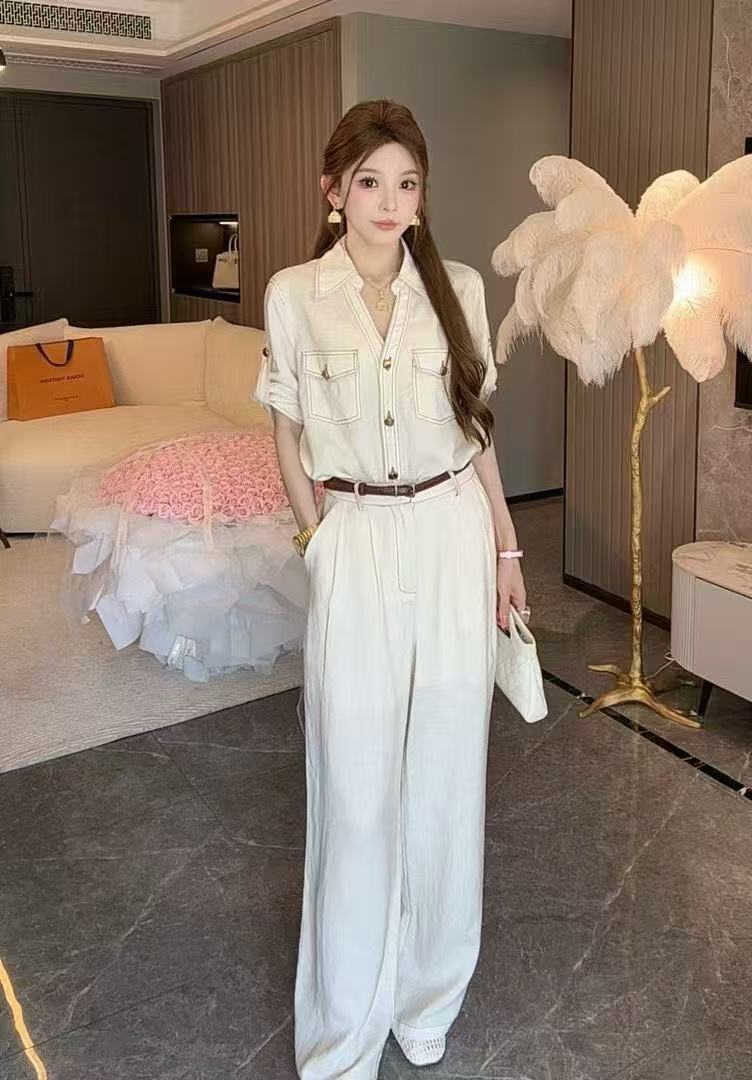 새로운 패션 명시적 스티치 디자인 폴로 칼라 몸매 가꾸기 셔츠 하이웨이스트 슬림해 보이는 와이드 레그 팬츠 벨트 3 세트