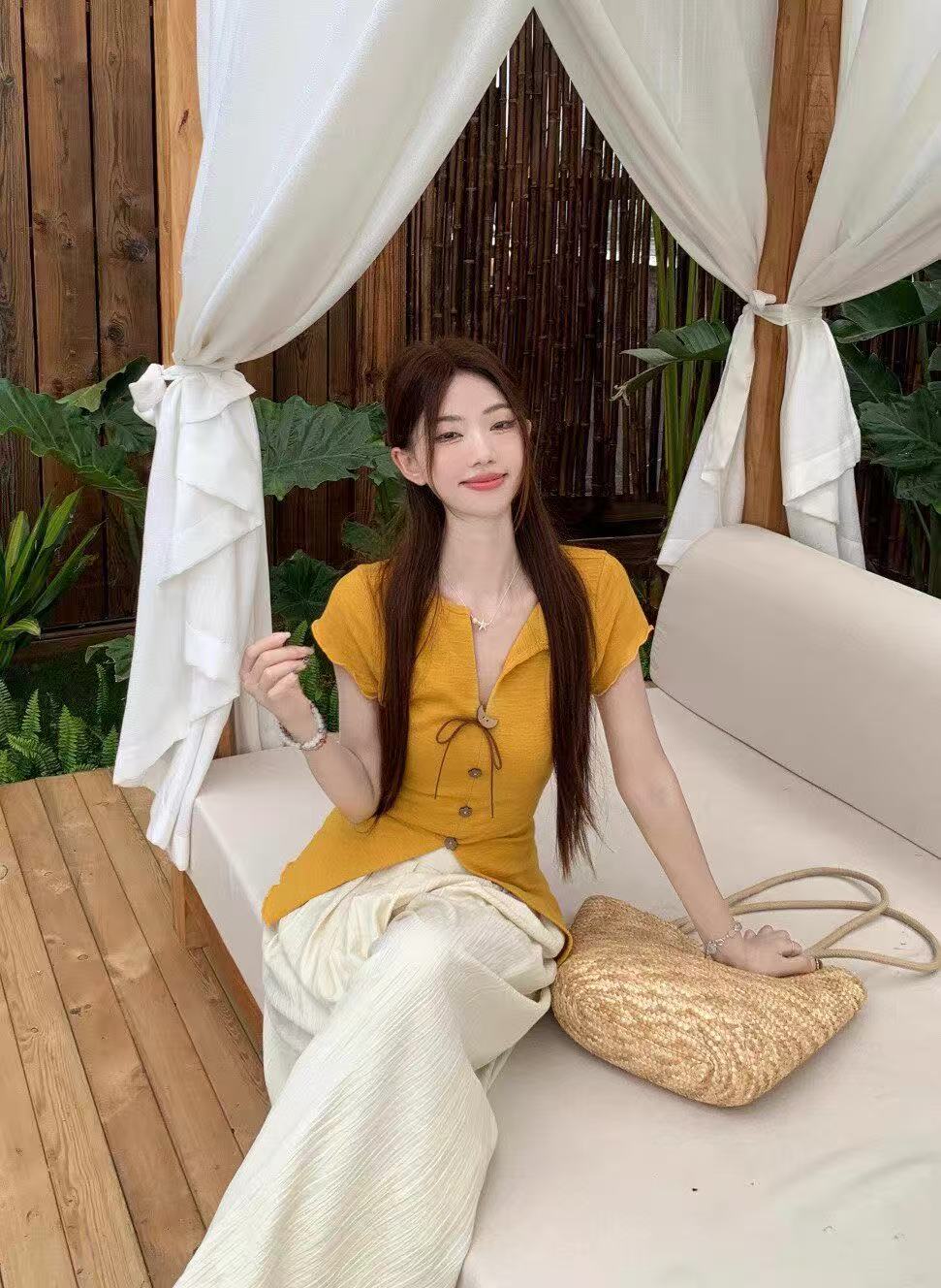 새로운 패션 도파민 달콤한 스타일 트임 반팔 티셔츠 허리밴드 캐주얼 와이드 레그 팬츠 투피스 세트