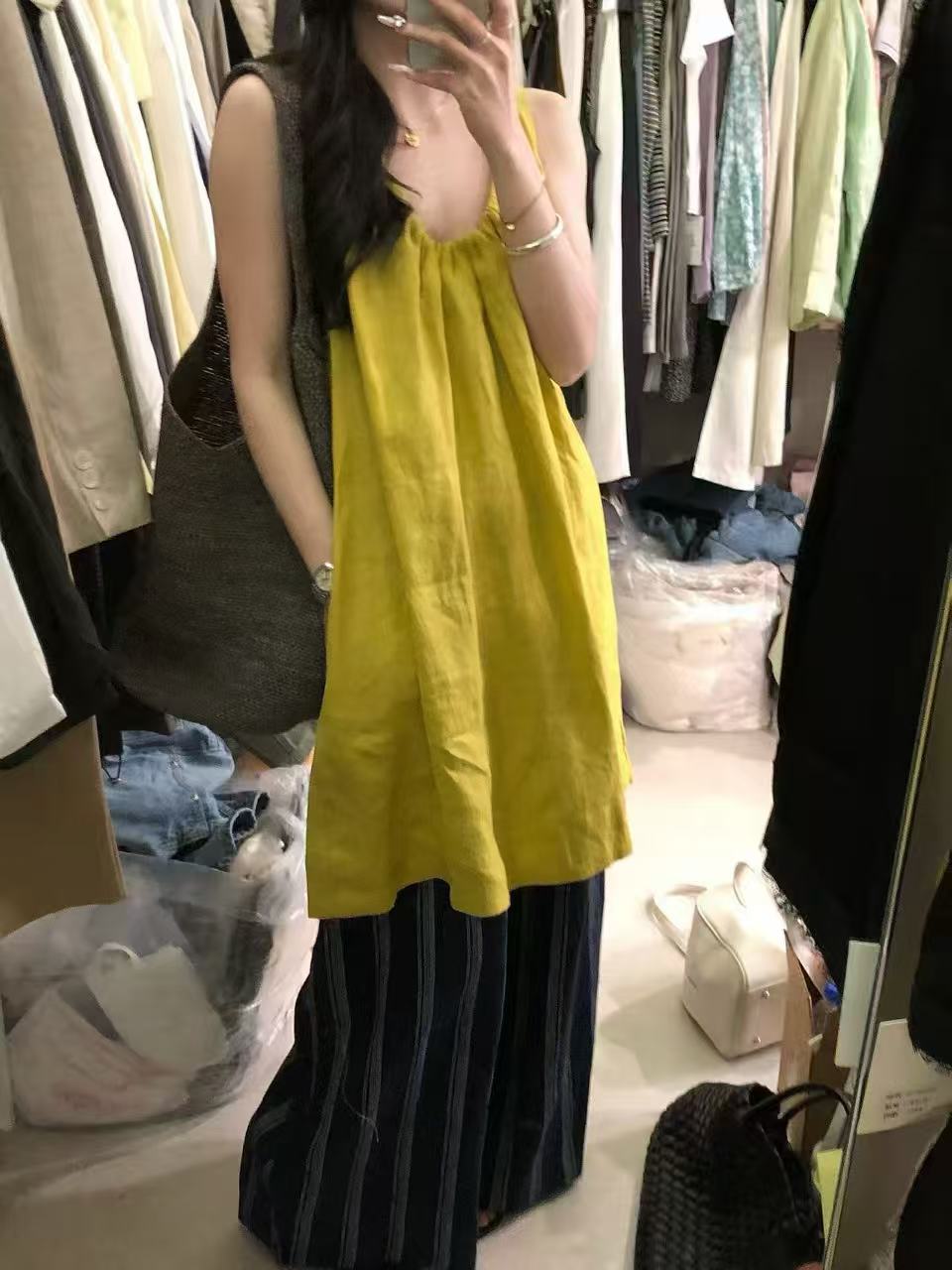 새로운 프랑스식 루즈핏 u 칼라 라미 민소매 조끼 스커트 허리밴드 캐주얼 바지 세트
