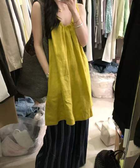 새로운 프랑스식 루즈핏 u 칼라 라미 민소매 조끼 스커트 허리밴드 캐주얼 바지 세트