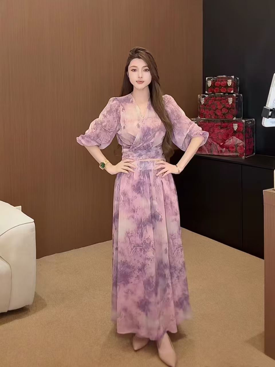 새로운 순수한 욕망 꽃무늬 쉬폰 섹시함 V넥 십자가 스트랩 쇼트 스타일 맨위 하이웨이스트 반신 치마 세트