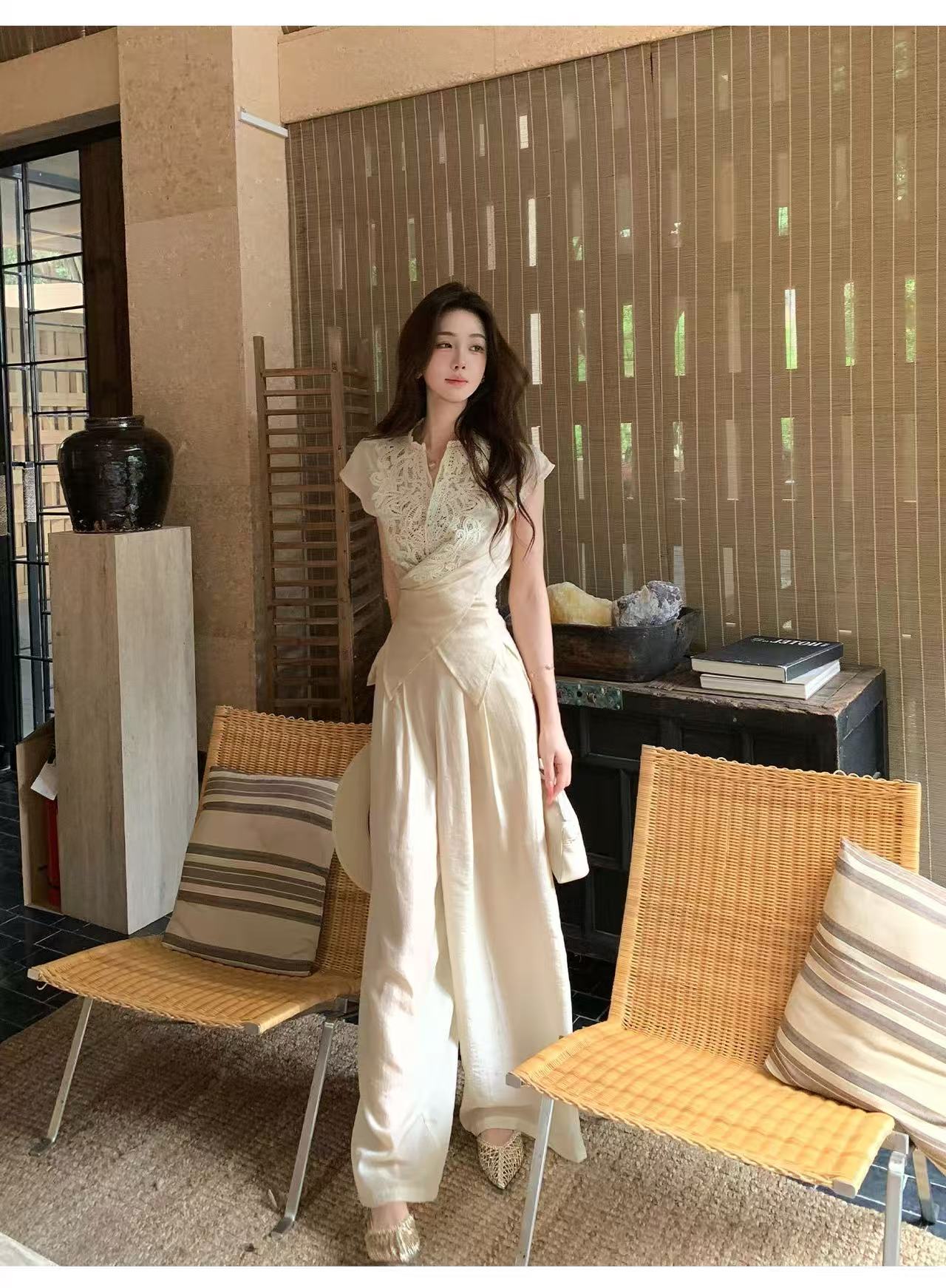 새로운 중식 레이스 조각 마이크로 ~을 통해 레이스업 맨위 허리밴드 주간 실크 와이드 레그 팬츠 투피스 세트