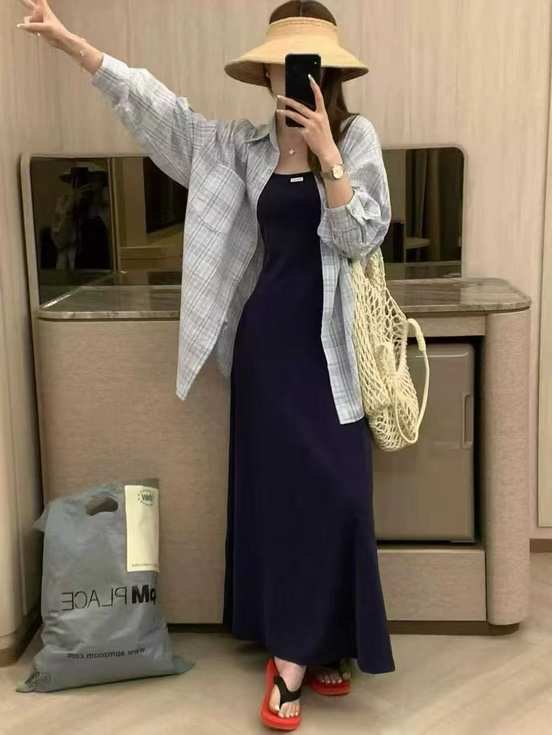 새로운 한국 스타일 패션 루즈핏 격자 무늬 셔츠 자외선 차단 의류 중간 길이 슬립 기본 스커트 투피스 세트