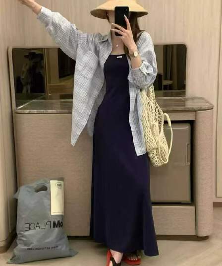 새로운 한국 스타일 패션 루즈핏 격자 무늬 셔츠 자외선 차단 의류 중간 길이 슬립 기본 스커트 투피스 세트