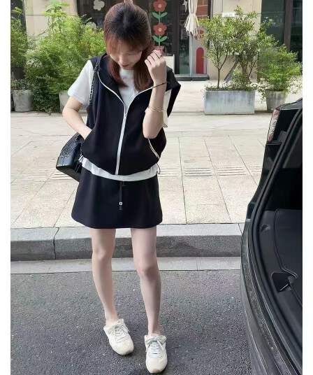 새로운 학원 스타일 운동 스탠드 칼라 민소매 후드 자외선 차단 의류 티셔츠 허리밴드 A라인 스커트 3 세트